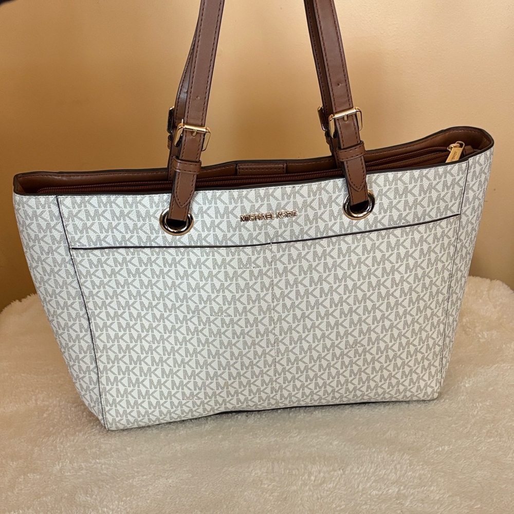 Michael Kors Signature White and Brown Tote